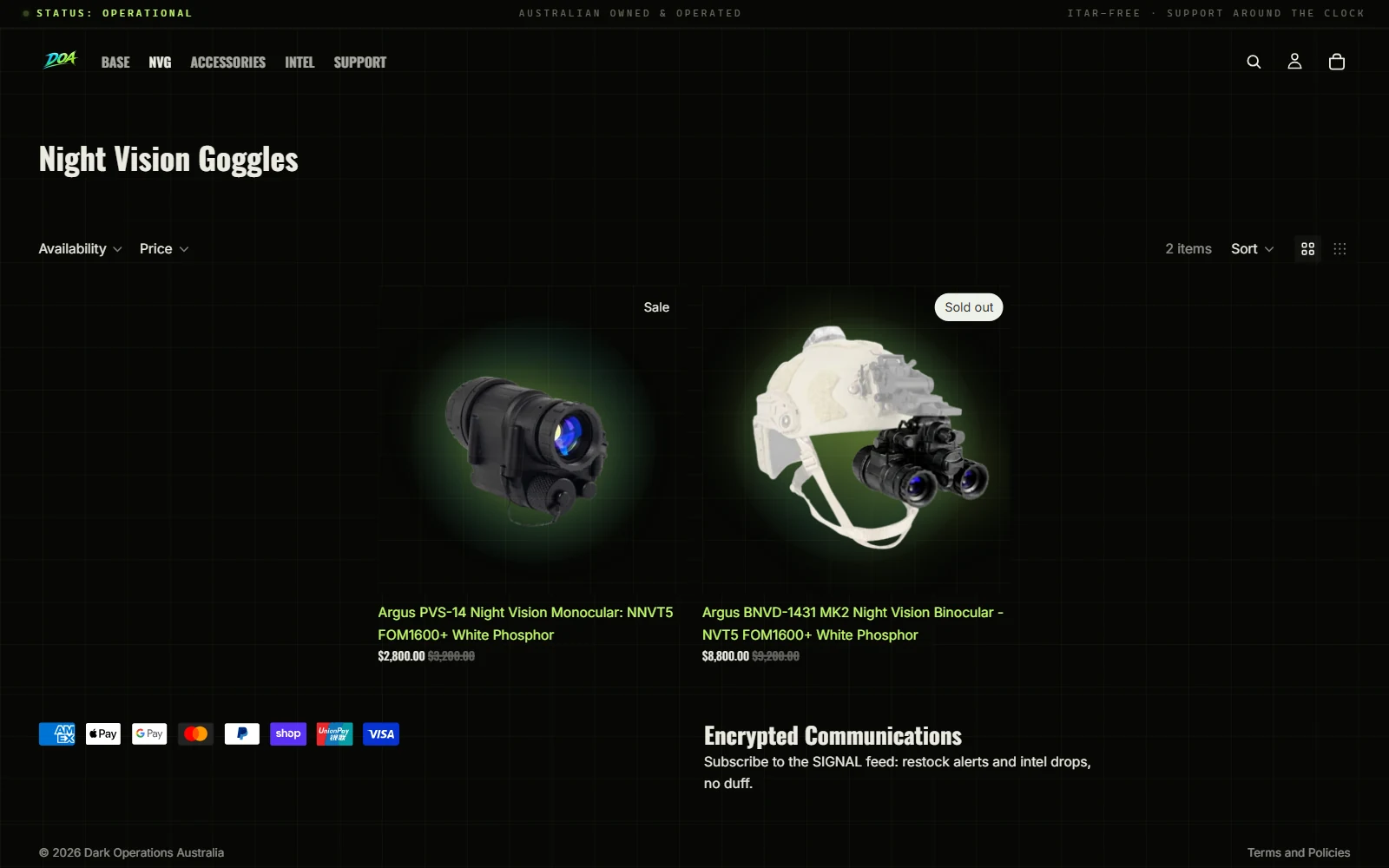 Current Dark Operations Australia collection page — product-card grid and hierarchy