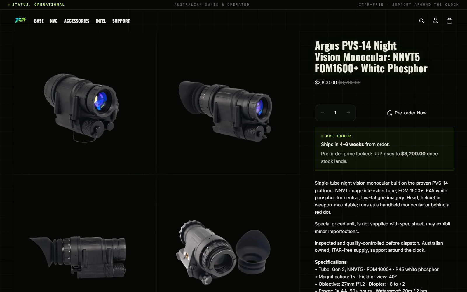 Current Dark Operations Australia product detail page — imagery, title and specification pathway
