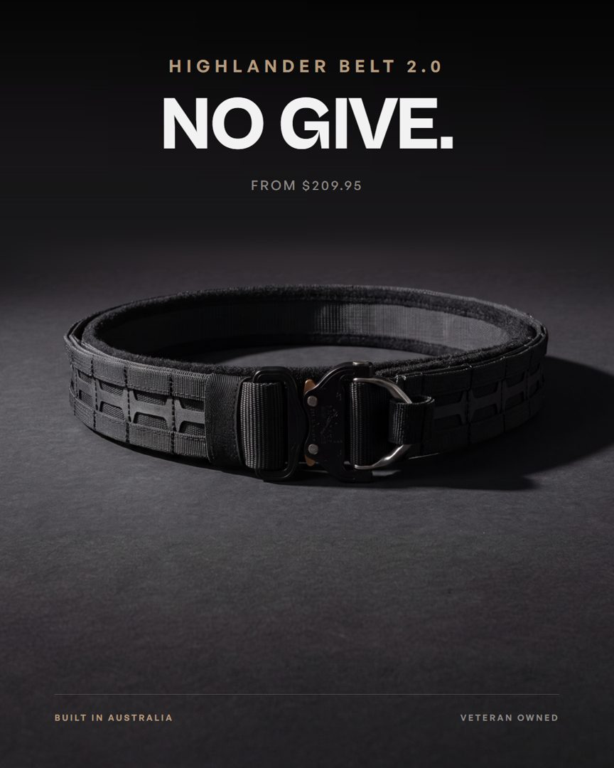 Ad creative for the Highlander Belt 2.0 with the line “No give.”