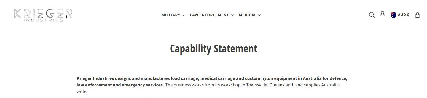 Krieger Industries capability statement page, opening section.
