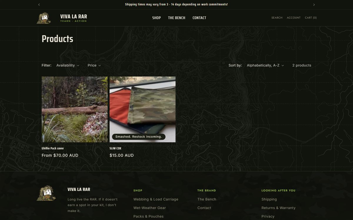 VivaLaRAR products page with two products and filters.